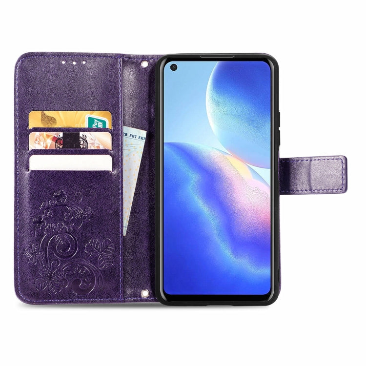 For Blackview A90 Four-leaf Clasp Embossed Buckle Mobile Phone Protection Leather Case with Lanyard & Card Slot & Wallet & Bracket Function(Purple) -  by buy2fix | Online Shopping UK | buy2fix