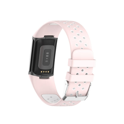 For Fitbit Charge 5 Double Color Metal Buckle Hole Silicone Watch Band(Pink White) - Watch Bands by buy2fix | Online Shopping UK | buy2fix