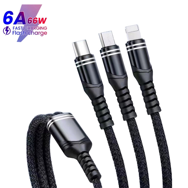 XJ-78 66W 6A 3 in 1 USB to 8 Pin + Type-C + Micro USB Super Flash Charging Cable, Length: 1.2m(Black) - Multifunction Cable by buy2fix | Online Shopping UK | buy2fix