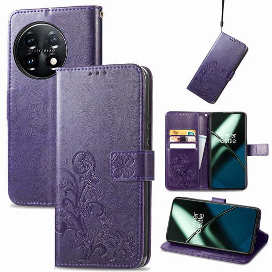 For OnePlus 11 Four-leaf Clasp Embossed Buckle Leather Phone Case(Purple) - OnePlus Cases by buy2fix | Online Shopping UK | buy2fix