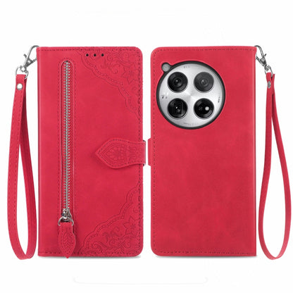 For OnePlus 12 Embossed Flower Zipper Leather Phone Case(Red) - OnePlus Cases by buy2fix | Online Shopping UK | buy2fix