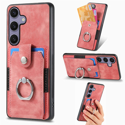 For Samsung Galaxy S25 Ultra 5G Retro Skin-feel Ring Card Wallet Phone Case(Pink) - Galaxy S25 Ultra 5G Cases by buy2fix | Online Shopping UK | buy2fix