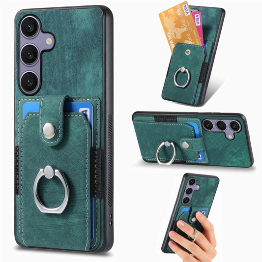 For Samsung Galaxy S25 Ultra 5G Retro Skin-feel Ring Card Wallet Phone Case(Green) - Galaxy S25 Ultra 5G Cases by buy2fix | Online Shopping UK | buy2fix