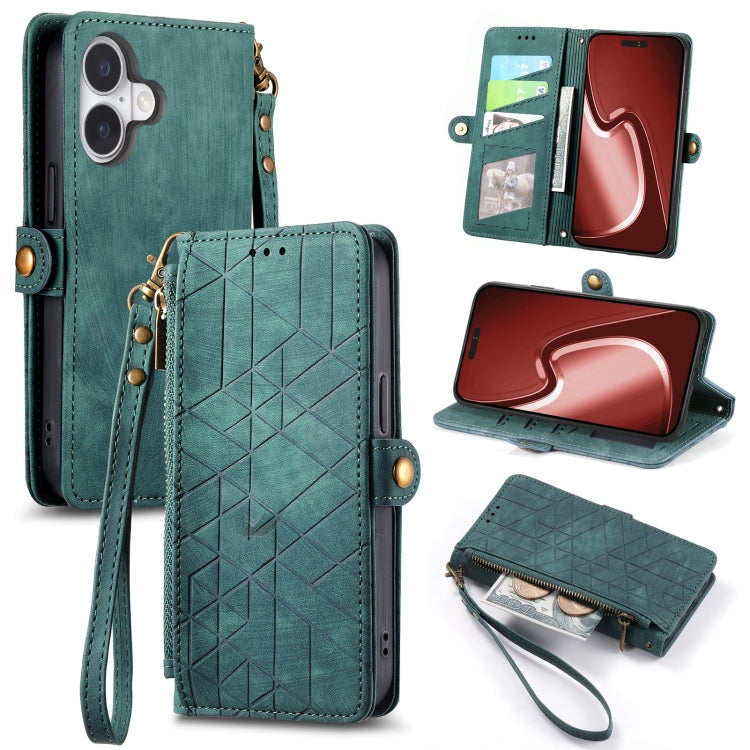 For iPhone 16 Geometric Zipper Wallet Side Buckle Leather Phone Case(Green) - iPhone 16 Cases by buy2fix | Online Shopping UK | buy2fix