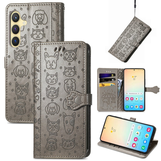 For Samsung Galaxy S25 5G Cat and Dog Embossed Leather Phone Case(Gray) - Galaxy S25 5G Cases by buy2fix | Online Shopping UK | buy2fix