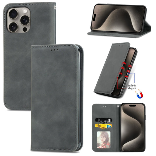 For iPhone 16 Pro Retro Skin Feel Magnetic Flip Leather Phone Case(Gray) - iPhone 16 Pro Cases by buy2fix | Online Shopping UK | buy2fix