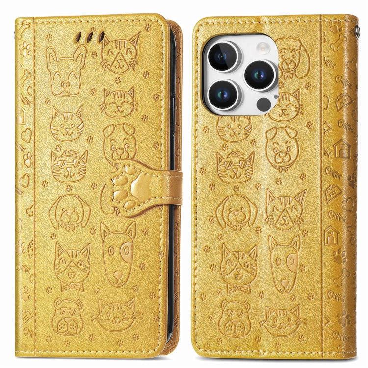 For iPhone 16 Pro Max Cat and Dog Embossed Leather Phone Case(Yellow) - iPhone 16 Pro Max Cases by buy2fix | Online Shopping UK | buy2fix