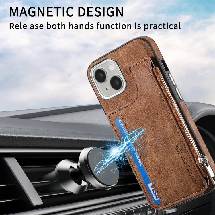 For iPhone 15 Pro Magsafe Zipper RFID Wallet All-inclusive Shockrpoof Phone Case(Brown) - iPhone 15 Pro Cases by buy2fix | Online Shopping UK | buy2fix