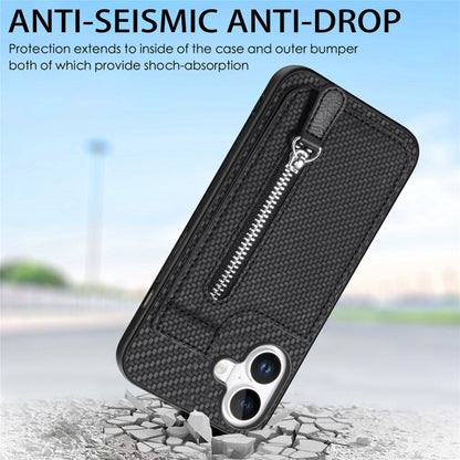 For iPhone 16 Carbon Fiber Vertical Flip Zipper Phone Case(Black) - iPhone 16 Cases by buy2fix | Online Shopping UK | buy2fix