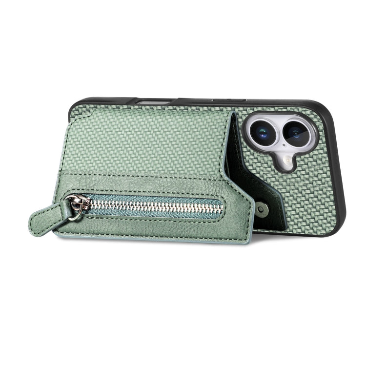 For iPhone 16 Plus Carbon Fiber Horizontal Flip Zipper Wallet Phone Case(Green) - iPhone 16 Plus Cases by buy2fix | Online Shopping UK | buy2fix