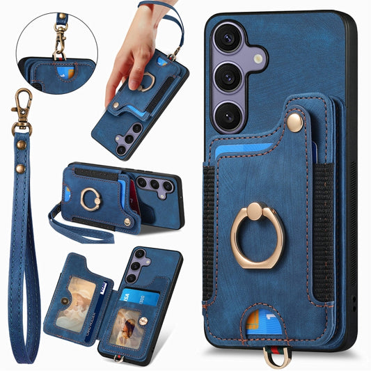 For Samsung Galaxy S25 5G Retro Skin-feel Ring Multi-card Wallet Phone Case(Blue) - Galaxy S25 5G Cases by buy2fix | Online Shopping UK | buy2fix