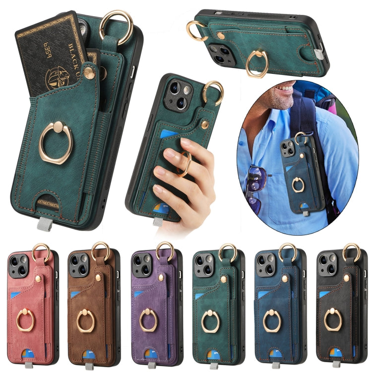 For iPhone 16 Retro Skin-feel Ring Card Bag Phone Case with Hang Loop(Brown) - iPhone 16 Cases by buy2fix | Online Shopping UK | buy2fix