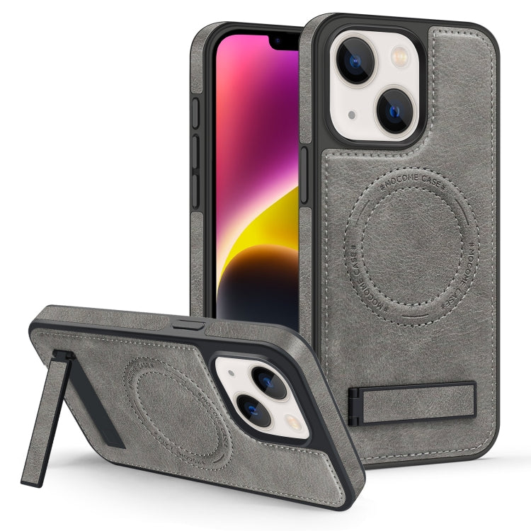 For iPhone 14 Plus Multi-function Holder MagSafe PU Phone Case(Gray) - iPhone 14 Plus Cases by buy2fix | Online Shopping UK | buy2fix