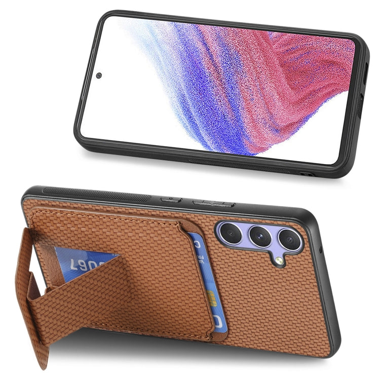 For Samsung Galaxy S25+ 5G Carbon Fiber Card Bag Fold Stand Phone Case(Brown) - Galaxy S25+ 5G Cases by buy2fix | Online Shopping UK | buy2fix