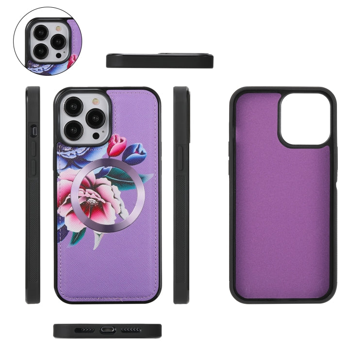 For iPhone 13 Pro MagSafe Flower Multi-functional Crossbody Zipper Wallet Leather Phone Case(Purple) - iPhone 13 Pro Cases by buy2fix | Online Shopping UK | buy2fix