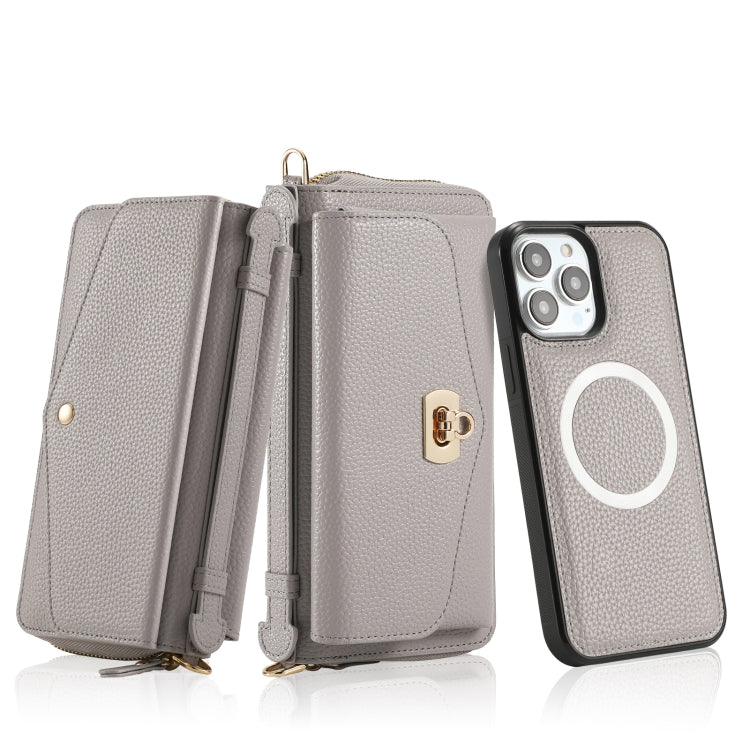 For iPhone 13 MagSafe Crossbody Multi-functional Zipper Wallet Litchi Leather Phone Case(Grey) - iPhone 13 Cases by buy2fix | Online Shopping UK | buy2fix