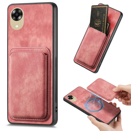 For OPPO A17K Retro Leather Card Bag Magnetic Phone Case(Pink) - OPPO Cases by buy2fix | Online Shopping UK | buy2fix