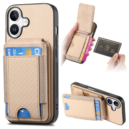 For iPhone 16 Plus Carbon Fiber Vertical Flip Wallet Stand Phone Case(Khaki) - iPhone 16 Plus Cases by buy2fix | Online Shopping UK | buy2fix