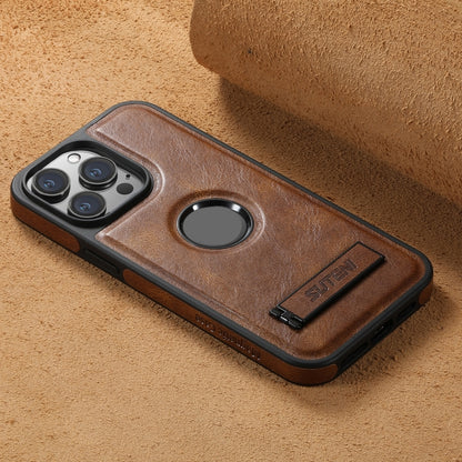 For iPhone 14 Suteni G2 Magsafe Oil Wax Leather Back Phone Case with Holder(Brown) - iPhone 14 Cases by Suteni | Online Shopping UK | buy2fix