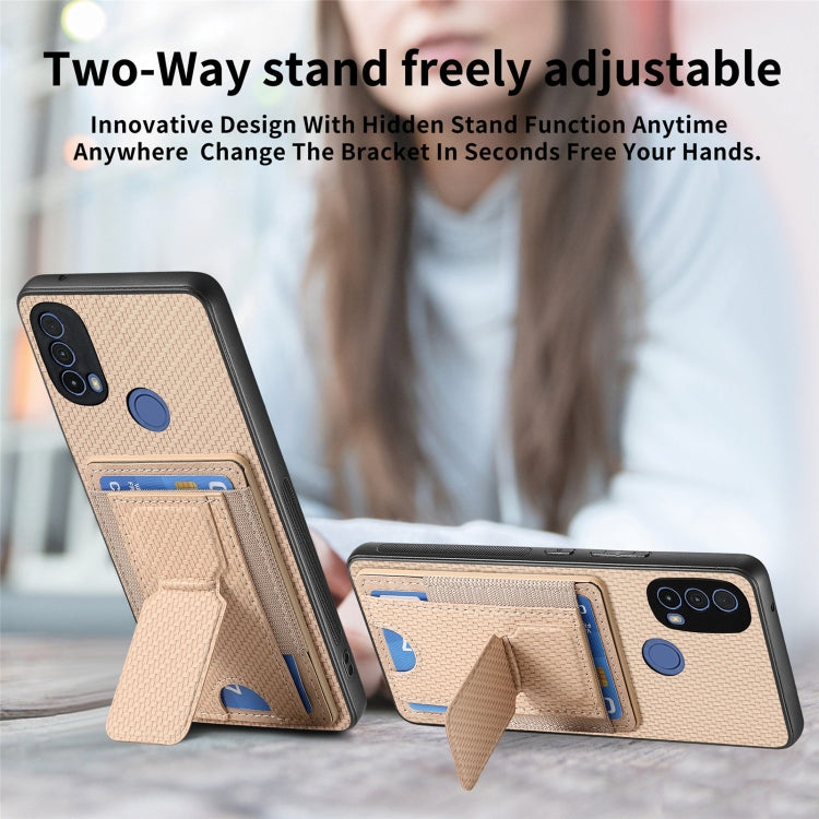 For Motorola Moto G Power 5G 2024 Carbon Fiber Fold Stand Elastic Card Bag Phone Case(Khaki) - Motorola Cases by buy2fix | Online Shopping UK | buy2fix