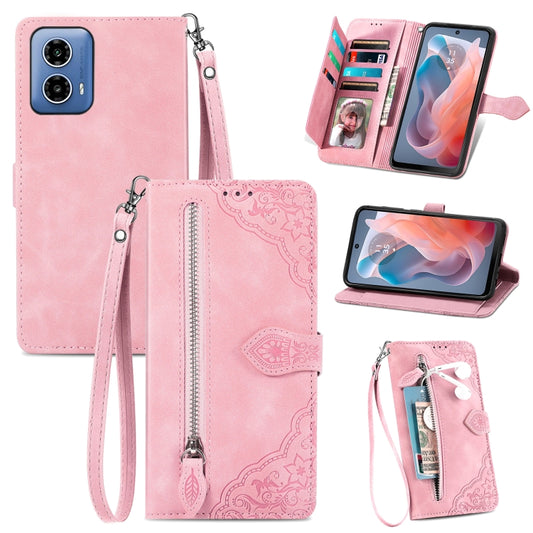 For Motorola Moto G Play 2024 Embossed Flower Zipper Leather Phone Case(Pink) - Motorola Cases by buy2fix | Online Shopping UK | buy2fix