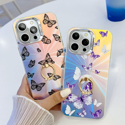 For iPhone 16 Plus Electroplating Laser Butterfly Ring Holder Phone Case(Blue Butterflies AB4) - iPhone 16 Plus Cases by buy2fix | Online Shopping UK | buy2fix