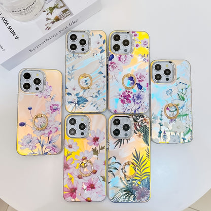 For iPhone 16 Plus Electroplating Laser Flower Ring Holder TPU Phone Case(Myosotis AH2) - iPhone 16 Plus Cases by buy2fix | Online Shopping UK | buy2fix