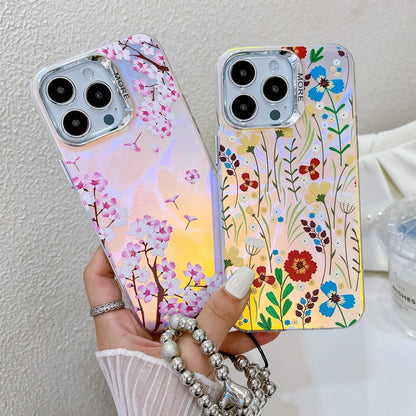 For iPhone 16 Pro Max Electroplating Laser Flower Phone Case with Wrist Strap(White Flower AH10) - iPhone 16 Pro Max Cases by buy2fix | Online Shopping UK | buy2fix