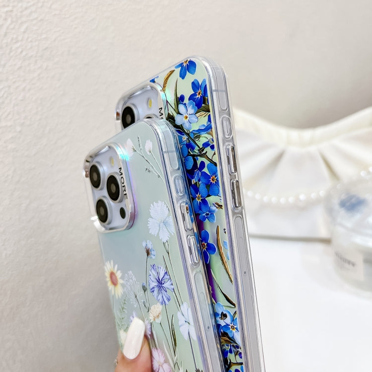 For iPhone 16 Plus Electroplating Laser Flower Phone Case with Wrist Strap(Blue Flower AH8) - iPhone 16 Plus Cases by buy2fix | Online Shopping UK | buy2fix