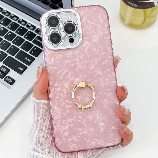 For iPhone 16 Pro Max Plating Glitter Texture Ring Holder TPU Phone Case with Lens Film(Pink Shell Pattern) - iPhone 16 Pro Max Cases by buy2fix | Online Shopping UK | buy2fix