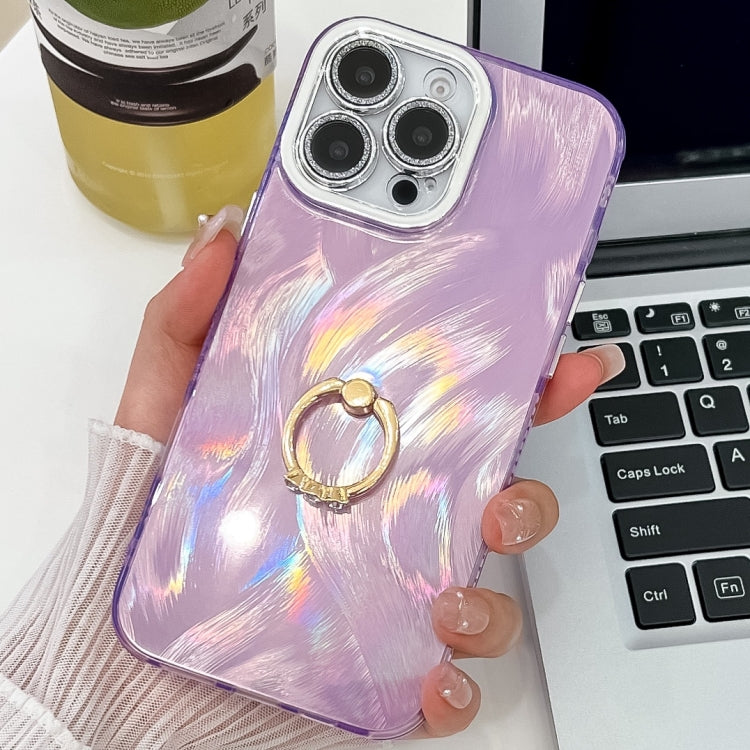 For iPhone 16 Pro Plating Glitter Texture Ring Holder TPU Phone Case with Lens Film(Purple Feather Yarn) - More iPhone Cases by buy2fix | Online Shopping UK | buy2fix