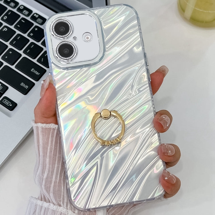 For iPhone 16 Plus Plating Glitter Texture Ring Holder TPU Phone Case with Lens Film(White Water Ripples) - iPhone 16 Plus Cases by buy2fix | Online Shopping UK | buy2fix