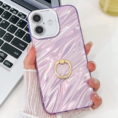 For iPhone 16 Plus Plating Glitter Texture Ring Holder TPU Phone Case with Lens Film(Purple Water Ripples) - iPhone 16 Plus Cases by buy2fix | Online Shopping UK | buy2fix