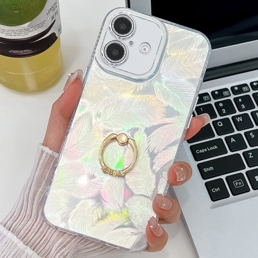 For iPhone 16 Plating Glitter Texture Ring Holder TPU Phone Case with Lens Film(White Feathers) - iPhone 16 Cases by buy2fix | Online Shopping UK | buy2fix