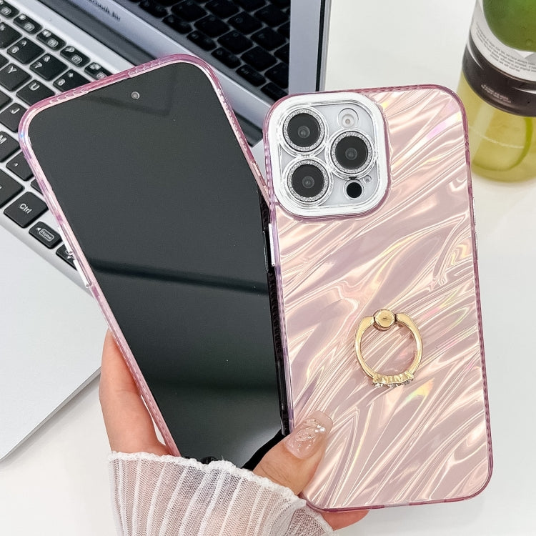 For iPhone 16 Plating Glitter Texture Ring Holder TPU Phone Case with Lens Film(Pink Wrinkles) - iPhone 16 Cases by buy2fix | Online Shopping UK | buy2fix