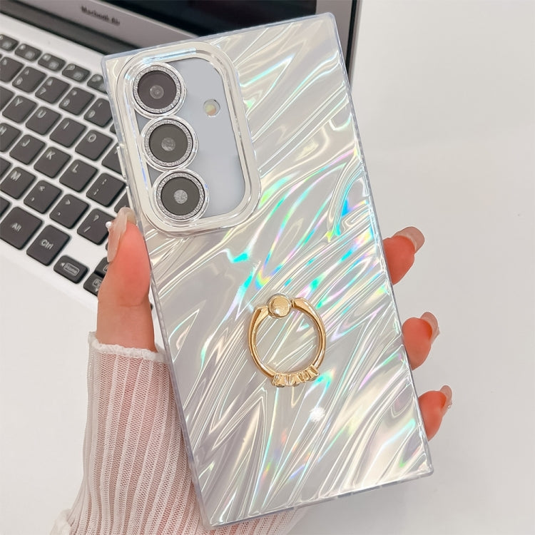 For Samsung Galaxy S25+ 5G Plating Glitter Texture Ring Holder TPU Phone Case with Lens Film(White Water Ripples) - Galaxy S25+ 5G Cases by buy2fix | Online Shopping UK | buy2fix