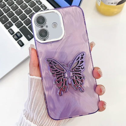 For iPhone 16 Plus Plating Glitter Texture Butterfly Holder TPU Phone Case with Lens Film(Purple Feather Yarn) - iPhone 16 Plus Cases by buy2fix | Online Shopping UK | buy2fix