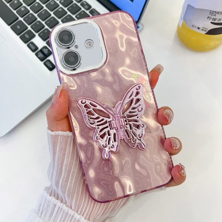 For iPhone 16 Plating Glitter Texture Butterfly Holder TPU Phone Case with Lens Film(Pink Wrinkles) - iPhone 16 Cases by buy2fix | Online Shopping UK | buy2fix