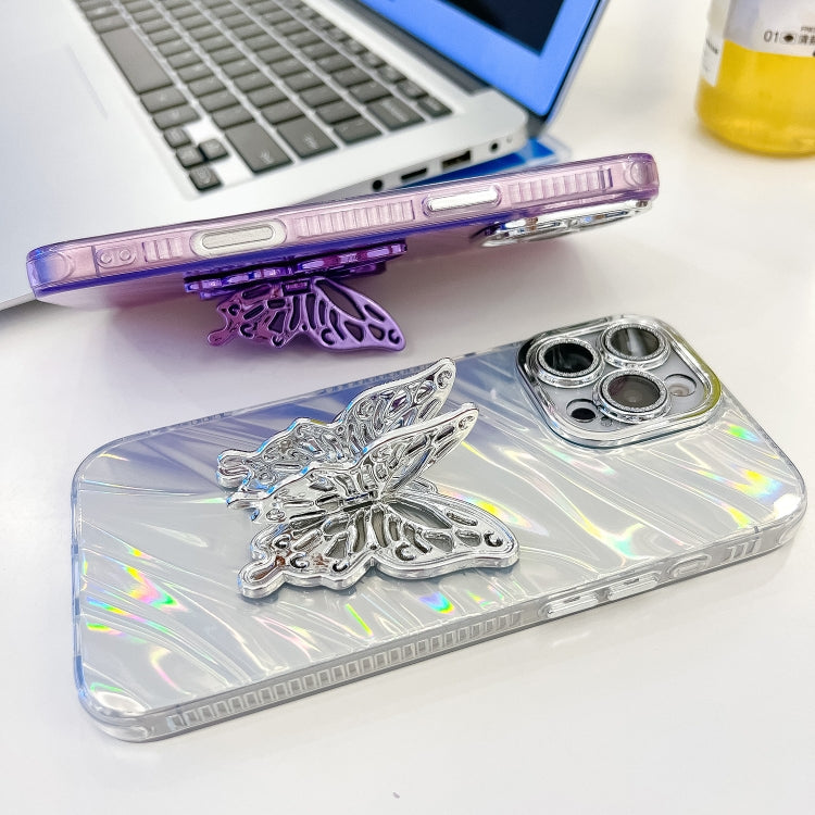 For iPhone 16 Pro Plating Glitter Texture Butterfly Holder TPU Phone Case with Lens Film(Purple Feather Yarn) - iPhone 16 Pro Cases by buy2fix | Online Shopping UK | buy2fix