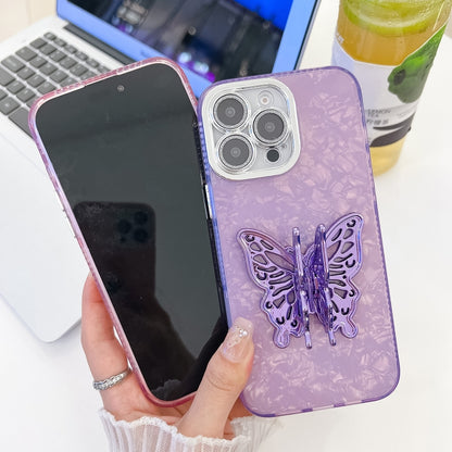 For iPhone 16 Pro Plating Glitter Texture Butterfly Holder TPU Phone Case with Lens Film(White Feathers) - iPhone 16 Pro Cases by buy2fix | Online Shopping UK | buy2fix