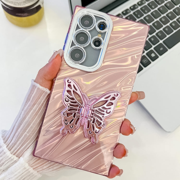 For Samsung Galaxy S25 Ultra 5G Plating Glitter Texture Butterfly Holder TPU Phone Case with Lens Film(Pink Water Ripples) - Galaxy S25 Ultra 5G Cases by buy2fix | Online Shopping UK | buy2fix