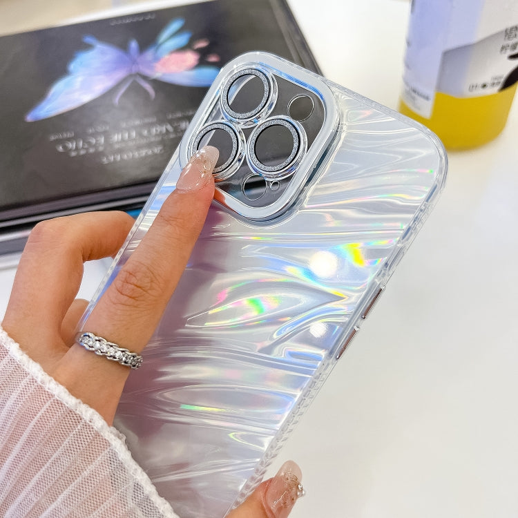 For iPhone 16 Plating Glitter Texture Chain Wristband TPU Phone Case with Lens Film(White Feathers) - iPhone 16 Cases by buy2fix | Online Shopping UK | buy2fix