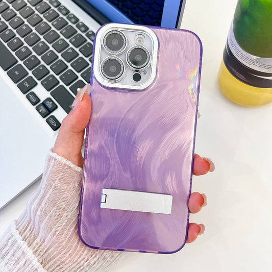 For iPhone 16 Pro Plating Glitter Texture Fold Holder TPU Phone Case with Lens Film(Purple Feather Yarn) - iPhone 16 Pro Cases by buy2fix | Online Shopping UK | buy2fix