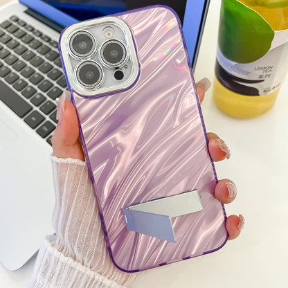 For iPhone 16 Plating Glitter Texture Fold Holder TPU Phone Case with Lens Film(Purple Wrinkles) - iPhone 16 Cases by buy2fix | Online Shopping UK | buy2fix