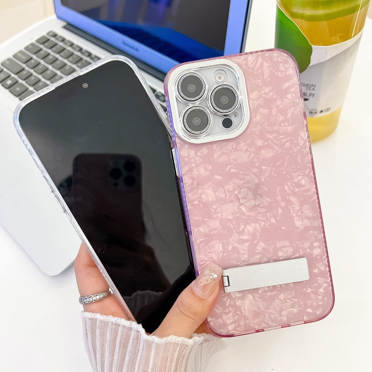 For iPhone 16 Pro Max Plating Glitter Texture Fold Holder TPU Phone Case with Lens Film(Pink Feathers) - iPhone 16 Pro Max Cases by buy2fix | Online Shopping UK | buy2fix