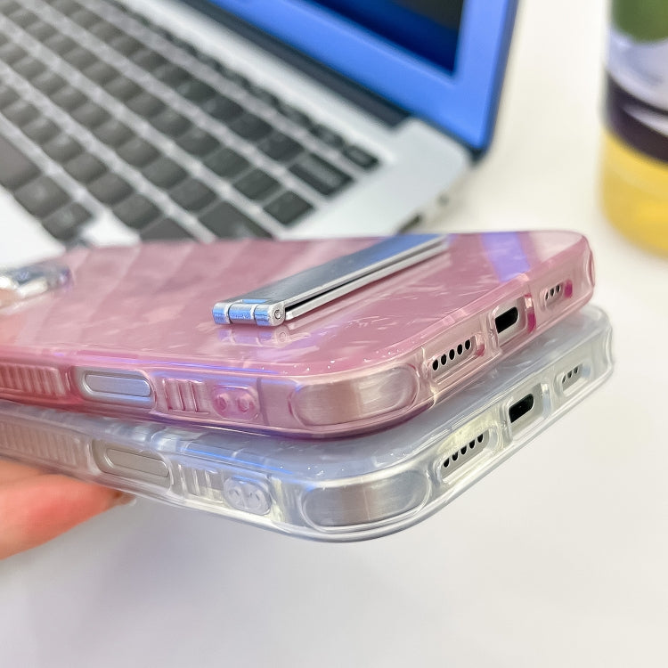 For iPhone 16 Pro Plating Glitter Texture Fold Holder TPU Phone Case with Lens Film(Purple Water Ripples) - iPhone 16 Pro Cases by buy2fix | Online Shopping UK | buy2fix