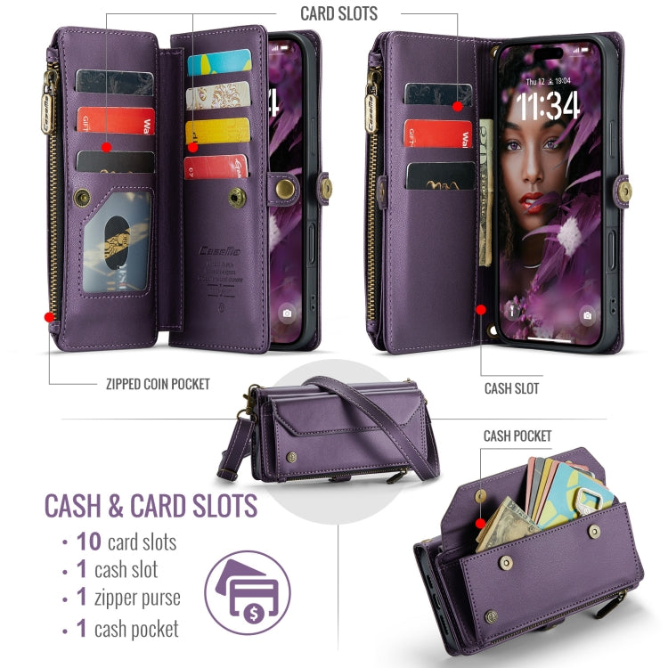 For iPhone 16 Plus CaseMe C36 Card Slots Zipper Wallet RFID Anti-theft Leather Phone Case(Purple) - iPhone 16 Plus Cases by CaseMe | Online Shopping UK | buy2fix