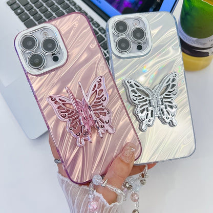 For iPhone 16 Plating Glitter Lens Film Texture Butterfly Holder Wristband Phone Case(Pink Feathers) - iPhone 16 Cases by buy2fix | Online Shopping UK | buy2fix