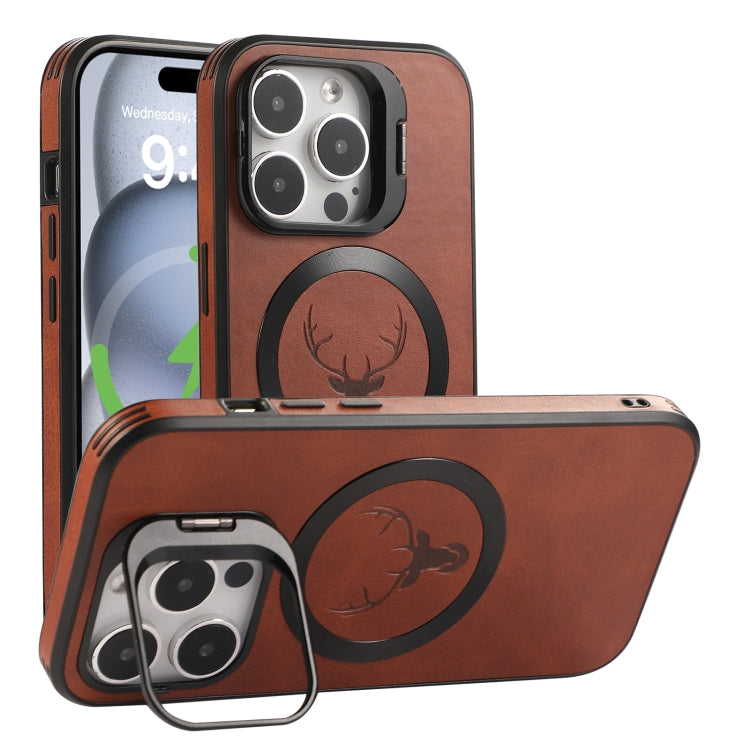 For iPhone 15 Pro Elk Lens Holder Magsafe Shockproof Phone Case(Brown) - iPhone 15 Pro Cases by buy2fix | Online Shopping UK | buy2fix