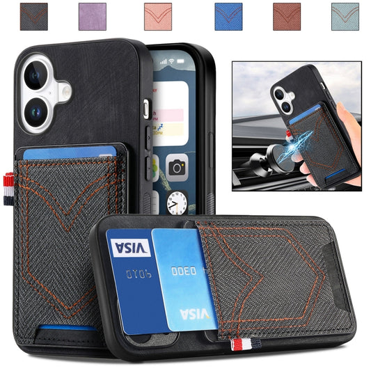 For iPhone 16 Plus Denim Texture Leather Skin Phone Case with Card Slot(Black) - iPhone 16 Plus Cases by buy2fix | Online Shopping UK | buy2fix